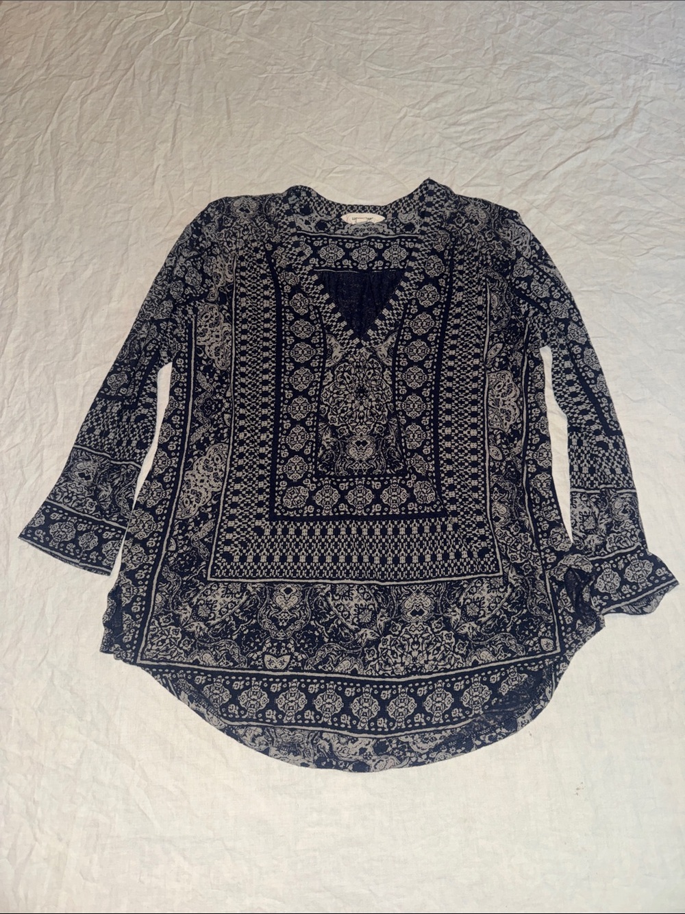 Lucky Brand Blue Border Print Boho Peasant Blouse Knit Top M